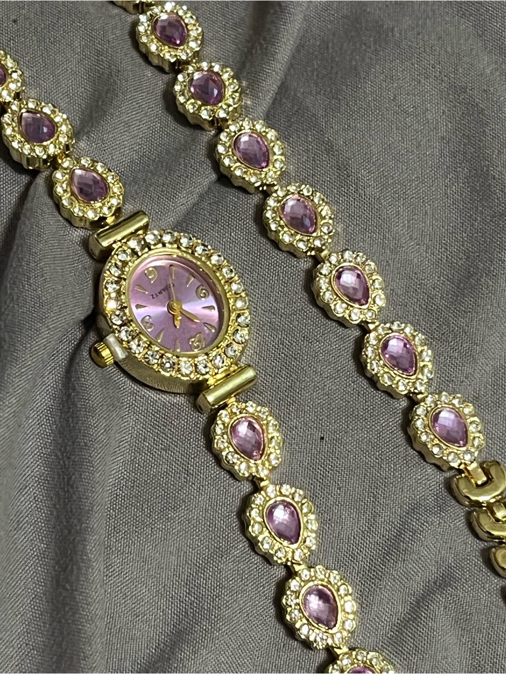 Gold-Tone Women's Bracelet and Watch with lilac Crystal Accents
